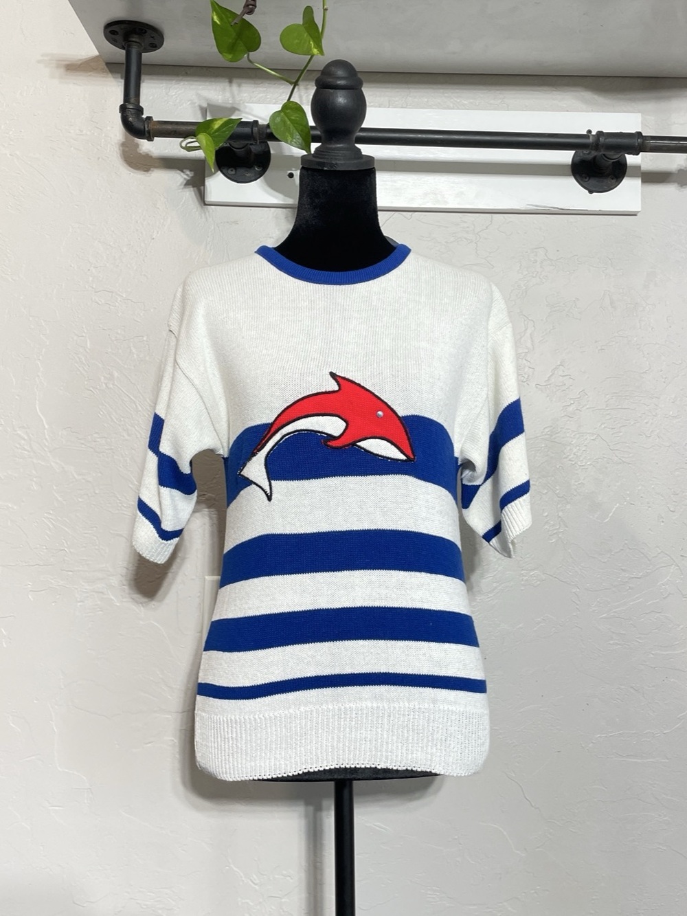 Vintage 90s Striped Short-Sleeve Sweater with Dolphin Design, Size S/M